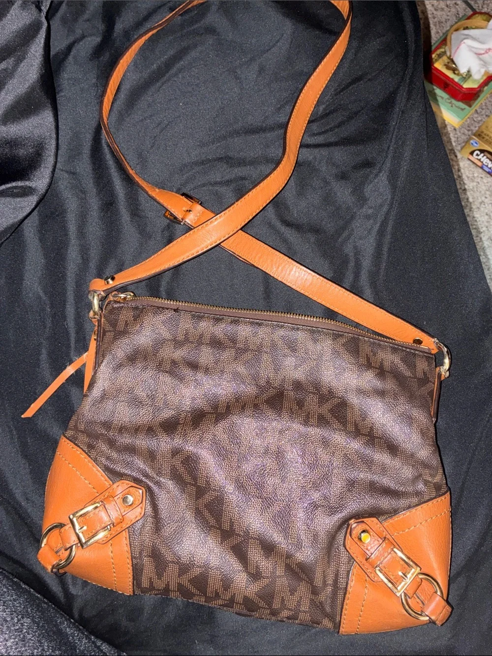 Michael Kors Brown & Tan Signature Crossbody with Gold MK Charm